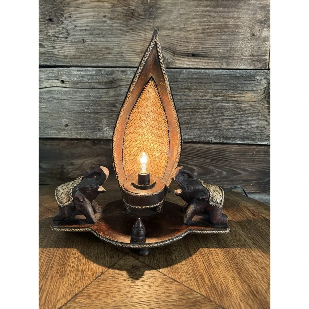 Two Elephant Wooden Table Lamp Light. Click Switch. Beautiful Decor.
